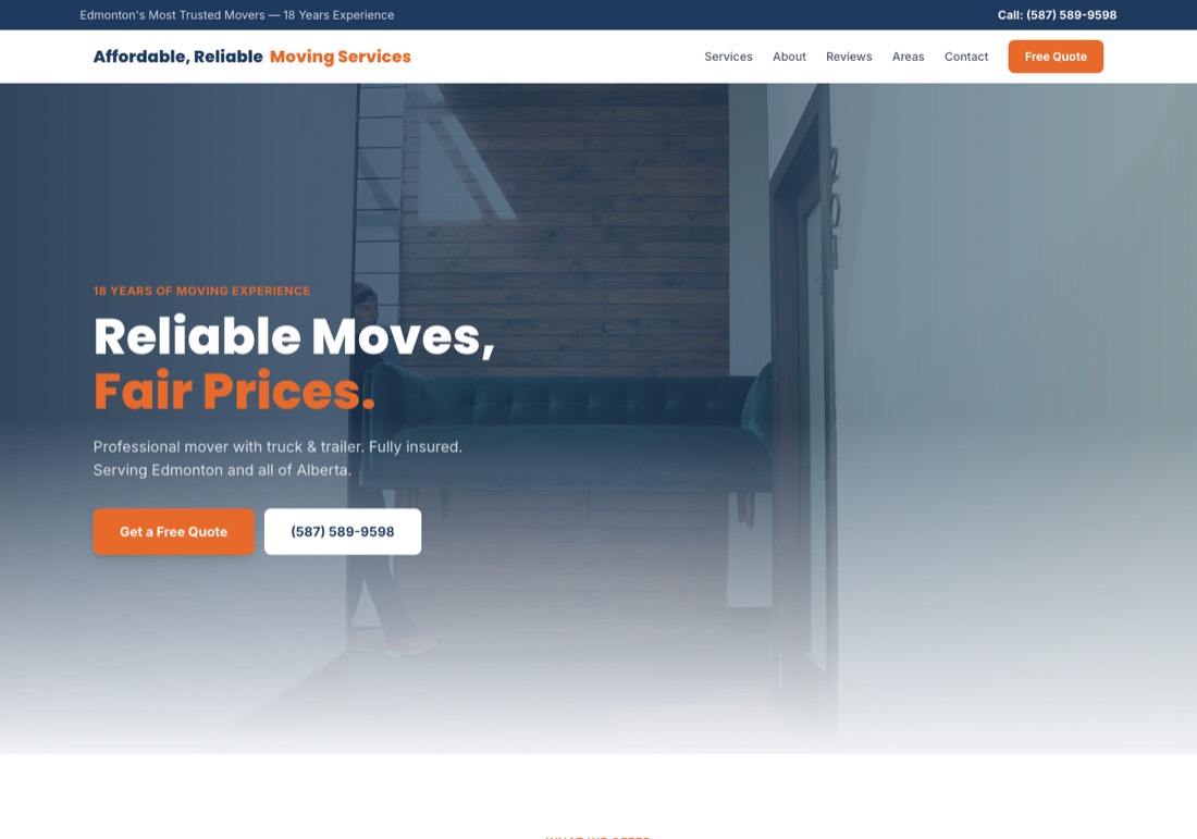 Reliable Movers website homepage